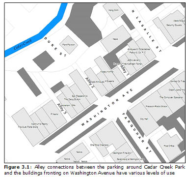 Figure 3.1: Alley connections between the parking around Cedar Creek Park and the buildings fronting on Washington Avenue have various levels of use