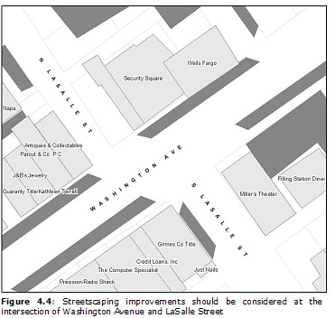 Figure 4.4: Streetscaping improvements should be considered at the intersection of Washington Avenue and LaSalle Street