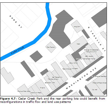 Figure 4.7: Cedar Creek Park and the rear parking lots could benefit from reconfigurations in traffic flow and land use patterns