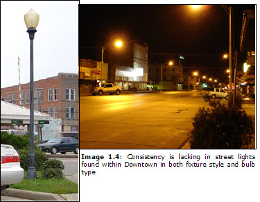 Image 1.4: Consistency is lacking in street lights found within Downtown in both fixture style and bulb type