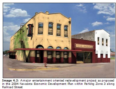 Image 4.2: A major entertainment oriented redevelopment project as proposed in the 2004 Navasota Economic Development Plan within Parking Zone 3 along Railroad Street