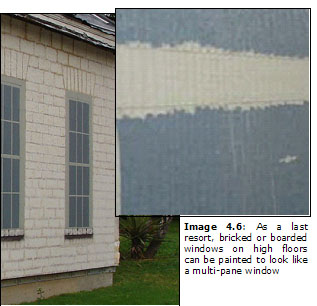 Image 4.6: As a last resort, bricked or boarded windows on high floors can be painted to look like a multi-pane window