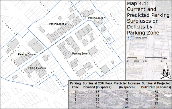 Map 4.1: Current and Predicted Parking Surpluses or Deficites for Downtown Navasota